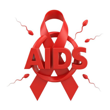 A prominent red ribbon, a universal symbol of AIDS awareness, is prominently displayed. Surrounding it are detailed microscopic representations of sperm, signifying the potential for HIV transmission through sexual contact.の素材