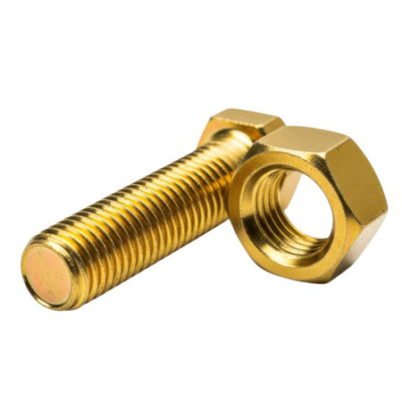A metallic brass bolt and nut assembly is shown against a clean white background.の素材