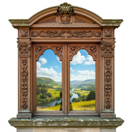 An intricately carved wooden window frame displays a vibrant rural landscape with rolling hills and a river, isolated on a white background.の素材