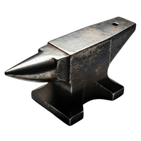 A traditional blacksmith's anvil, a sturdy metal tool for shaping hot metal, is presented isolated on a clean white background.の素材