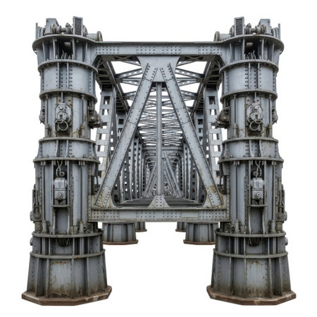 A detailed view of a complex, weathered metal industrial structure with four massive, ornate cylindrical supports, presented isolated on a white background.の素材