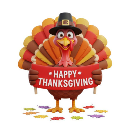 A charming cartoon turkey with a pilgrim hat proudly displays a 'Happy Thanksgiving' banner. Festive autumn leaves surround the cheerful bird, perfect for holiday greetings and decorations.の素材