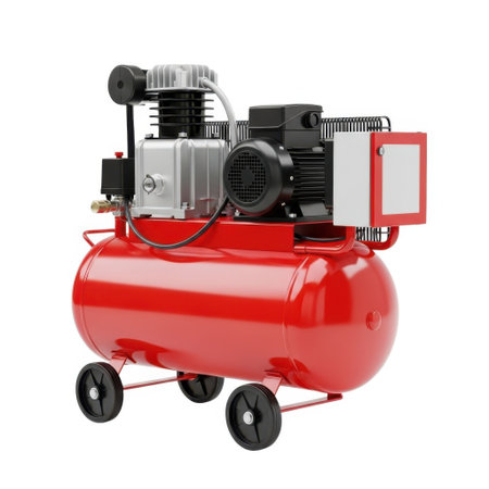 A bright red portable air compressor with wheels and motor is shown isolated on a clean white background.の素材