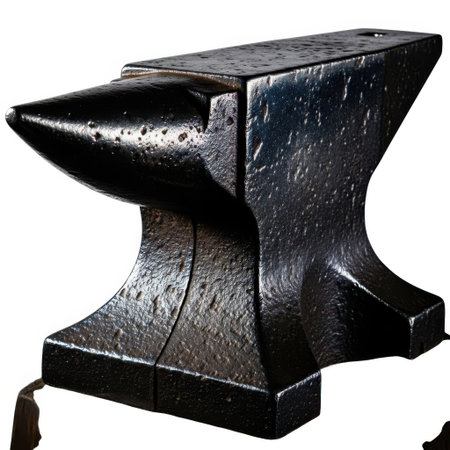 A sturdy, dark metal blacksmith anvil with a prominent horn and flat face, presented isolated on a clean white background.の素材