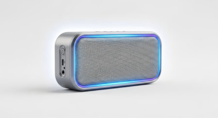 A small, rectangular portable speaker with a textured grille and illuminated blue edges, presented on a clean white background.の素材