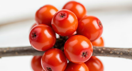 A close-up view of bright red berries clustered on a thin branch, presented isolated on a clean white background.の素材
