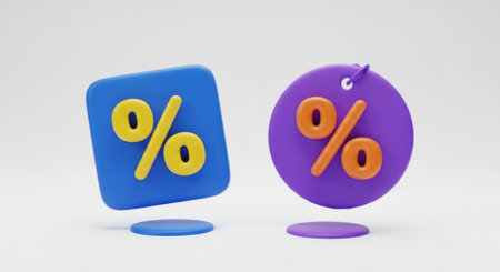 A blue and a purple tag with yellow percentage symbols, presented on a clean white background.の素材