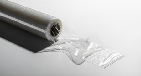 A roll of clear plastic wrap is shown, with some of the film pulled out and crumpled. The object is isolated on a white background.の素材