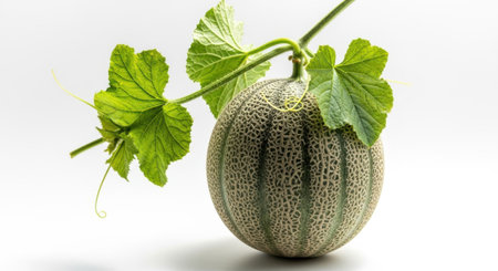 A ripe cantaloupe melon with its vine and leaves is presented isolated on a clean white background.の素材