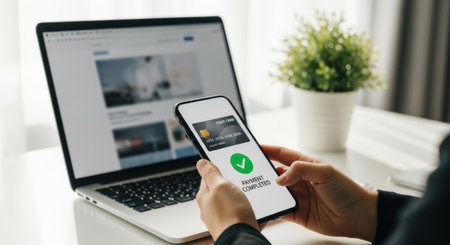 A person's hands hold a smartphone displaying a payment confirmation. A laptop and potted plant are visible in the background, all isolated on a white background.の素材