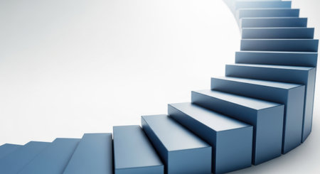 A blue spiral staircase curves upwards against a bright white background, suggesting progress and aspiration.の素材