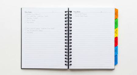 A blank, open spiral bound notebook with brightly colored tab dividers, presented isolated on a clean white background.の素材