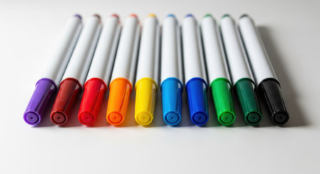 A vibrant assortment of markers, each with a distinct color, presented neatly on a clean white background.の素材