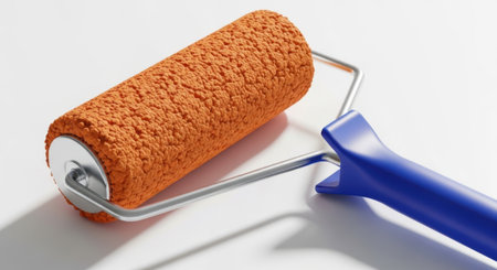 A close-up view of a textured orange paint roller with a blue handle, presented on a clean white background.の素材