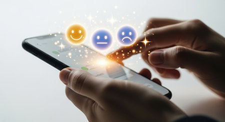 A close-up view of a hand interacting with a smartphone screen, displaying various emotion icons against a white background.の素材