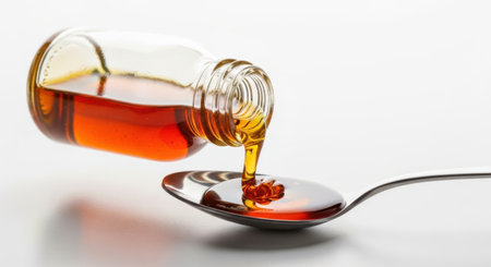 A viscous amber liquid is being poured from a clear glass bottle into a metallic spoon, presented on a white background.の素材