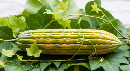 A single, elongated, striped melon fruit is presented with delicate green vines and leaves, all isolated on a clean white background.の素材