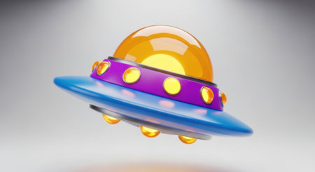 A vibrant, cartoon-style flying saucer with glowing lights is presented isolated on a clean white background.の素材
