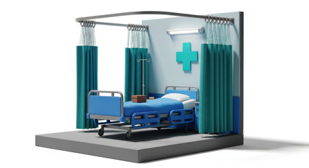 A miniature hospital room diorama featuring a patient bed, wheelchair, and medical symbol, presented isolated on a white background.の素材