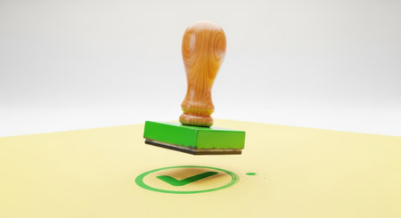 A wooden handle stamp with a vibrant green ink pad is presented isolated on a clean white background, with a stamped impression below.の素材