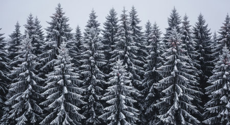 A dense forest of snow-covered evergreen trees creates a serene winter landscape with a muted, overcast sky.の素材