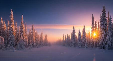 Snow-covered evergreen trees line a path through a serene winter forest during a vibrant sunset.の素材