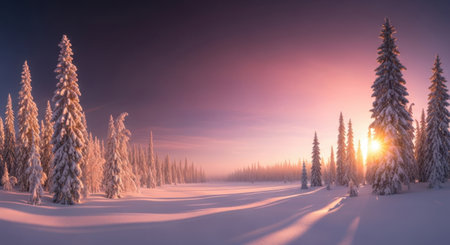 A serene winter landscape with snow-covered trees and a colorful sky during sunset.の素材
