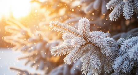 Close-up of frosty pine needles catching the warm glow of the sun, creating a magical winter scene.の素材