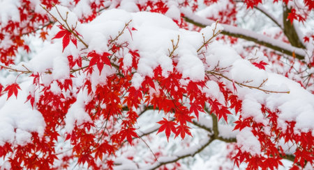 A striking contrast of bright red maple leaves covered in soft, white snow, showcasing nature's beauty.の素材