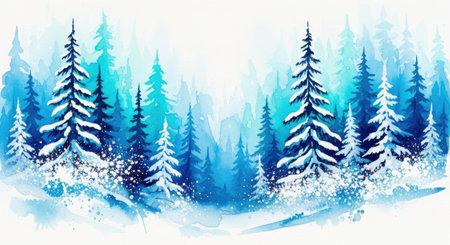 A serene watercolor painting depicts a dense winter forest with snow-laden pine trees, rendered in soft blues and whites.の素材