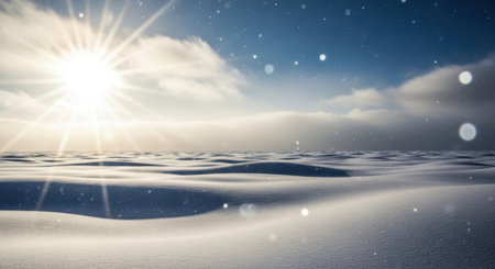 A bright sun illuminates a cloudy sky above the ocean's surface, with small particles floating in the air.の素材