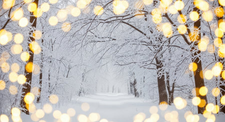 A serene winter path through snow-covered trees, framed by soft, glowing bokeh lights, evokes a magical atmosphere.の素材