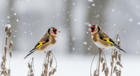 Two colorful European Goldfinches are perched on dried plant stems in a snowy winter scene, with soft snowfall in the background.の素材