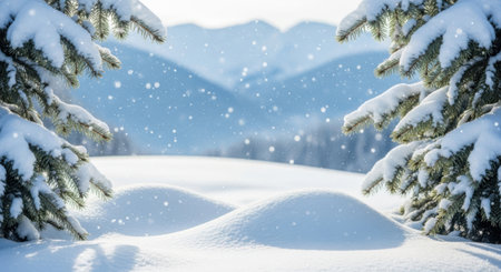 A serene winter scene featuring snow-laden evergreen trees framing a snow-covered meadow and distant, hazy mountains.の素材
