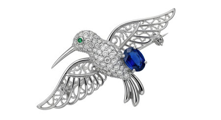 A stunning hummingbird brooch crafted from white gold, adorned with diamonds, a sapphire, and an emerald eye, isolated on a white background.の素材
