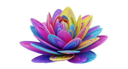 A colorful, abstract lotus flower with layered petals in a spectrum of bright rainbow colors, isolated on a clean white background.の素材