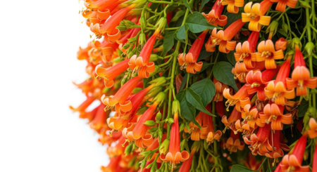 A cascade of bright orange trumpet-shaped flowers with green leaves, presented isolated on a clean white background.の素材