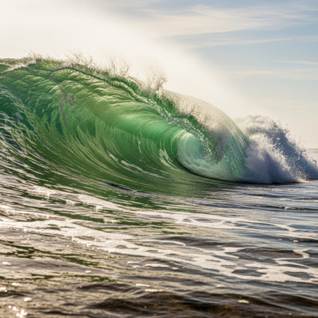 A powerful ocean wave curls and breaks, its translucent crest illuminated by sunlight, revealing vibrant green and foamy white textures against the deep blue sea.の素材