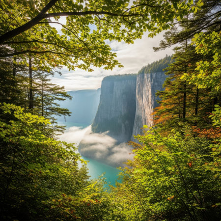 A breathtaking view of a powerful waterfall cascading down a cliff face, framed by vibrant green leaves and trees. The misty spray creates a magical atmosphere in this natural wonder.の素材