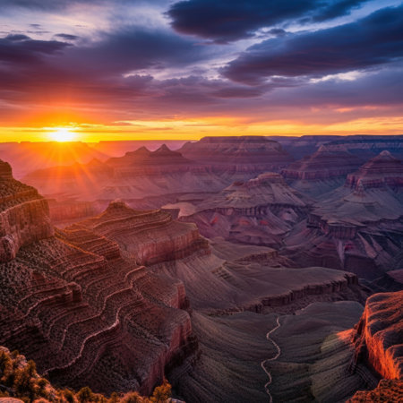 Witness the majestic beauty of the Grand Canyon as the sun rises, painting the sky with vibrant hues and illuminating the vast, ancient geological formations below. A truly awe-inspiring natural spectacle.の素材