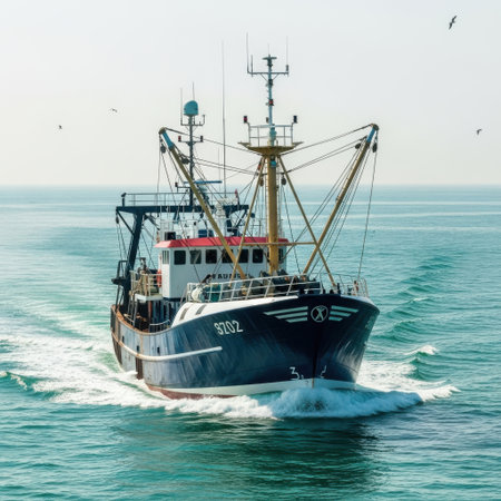 A commercial fishing trawler cuts through the ocean waves, leaving a distinctive white wake behind it. The vessel appears to be at sea under a bright, overcast sky.の素材