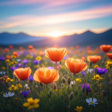 Experience the serene beauty of a diverse wildflower meadow bathed in the warm glow of a setting sun. Mountains rise in the distance under a pastel sky.の素材