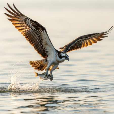 A magnificent osprey in mid-flight, wings spread wide, skillfully grasping a fish from the water's surface. A powerful depiction of nature's hunters in action.の素材