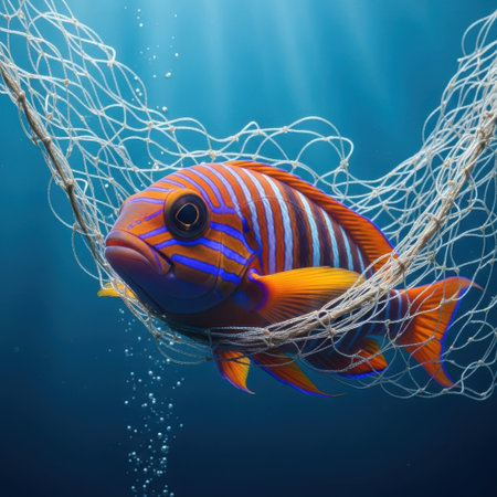 A stunningly colored reef fish is trapped in a fishing net amidst clear blue ocean waters. Bubbles rise as it struggles, highlighting the beauty and fragility of marine life.の素材