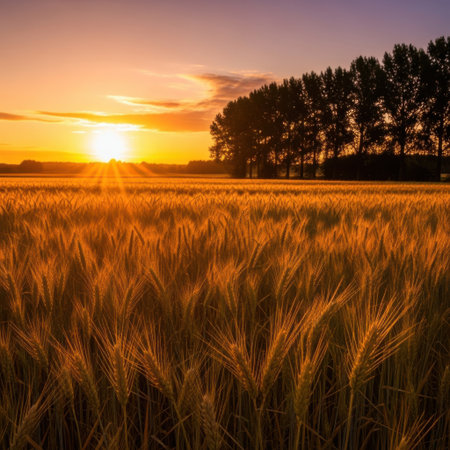 A breathtaking sunset casts a warm golden glow over a vast wheat field. Silhouetted trees stand tall against a vibrant, cloudy sky, creating a serene and picturesque rural landscape scene.の素材