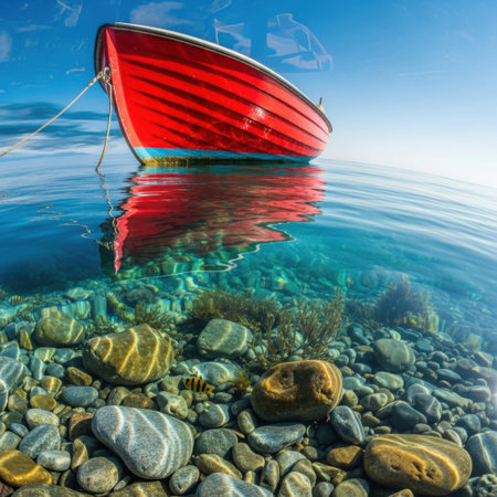 A vibrant red rowboat floats peacefully on calm, translucent water. The clear depths reveal a rocky seabed, creating a stunning visual of tranquility and natural beauty.の素材