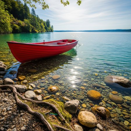 A vibrant red rowboat sits gently on a pebble-strewn shore, with crystal-clear turquoise water reflecting the sky. Lush green trees frame the tranquil lake, inviting peaceful contemplation.の素材