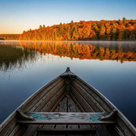 Experience the tranquil beauty of autumn at sunrise. A rustic wooden boat awaits on a still lake, reflecting the vibrant orange and yellow forest in a breathtaking natural panorama.の素材