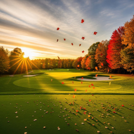 Golden hour bathes a scenic golf course in warm light. Autumn foliage bursts with color as leaves gently fall, creating a tranquil and picturesque outdoor scene.の素材