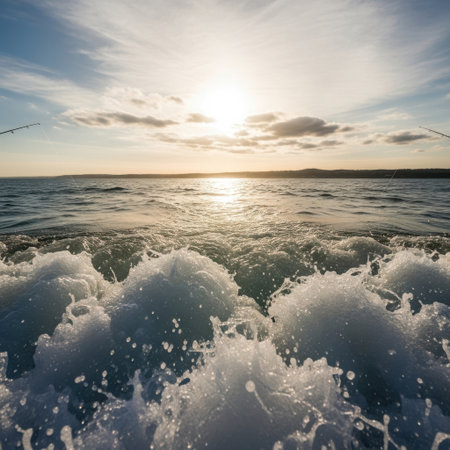 Captivating view of golden hour sunlight shimmering on the ocean's surface. Waves create a dynamic texture as they rush towards the viewer, leading to a serene horizon under a cloudy sky.の素材